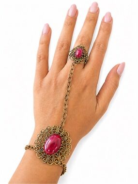 Vintage Gold Tone Slave Bracelet Ring Set Red Cabochon Stone Filigree